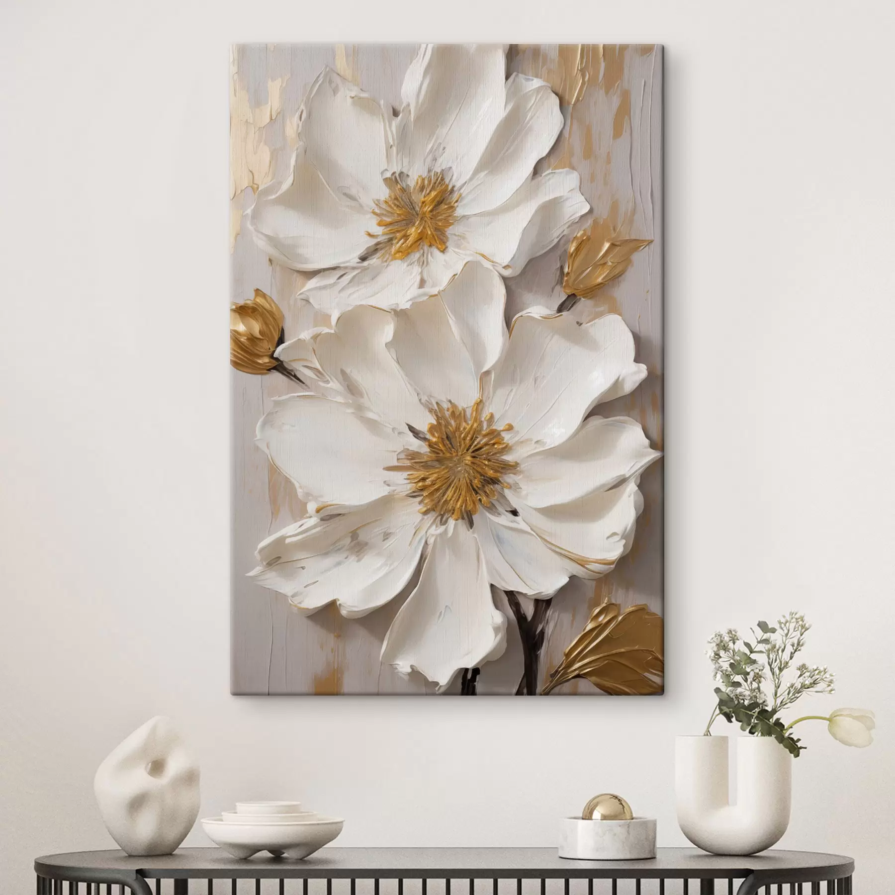  Schilderijen Witte bloemen met reliëf en fijne bloemblaadjes tegen een abstracte achtergrond s49487