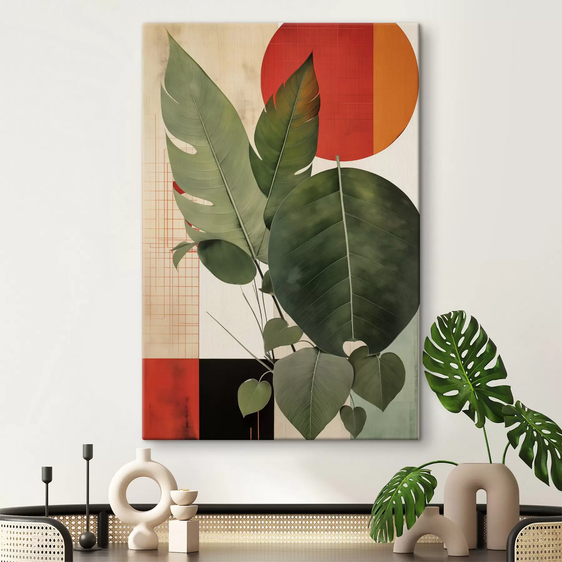  Peintures De grandes feuilles sur un fond géométrique, dans un style d'art moderne abstrait s49490