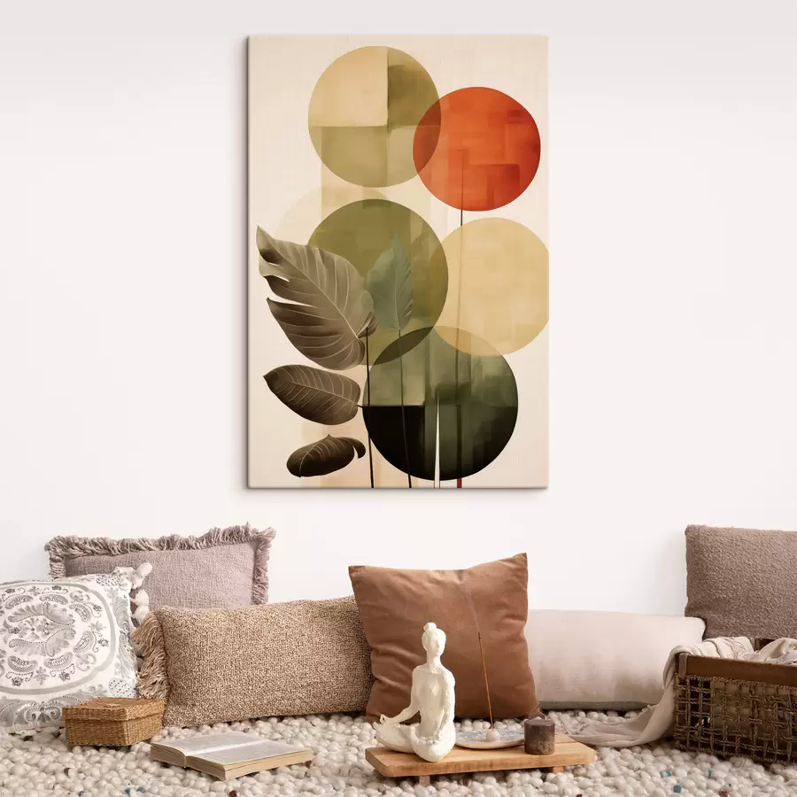  Schilderijen Bladeren tegen een geometrische achtergrond, in een abstracte, moderne kunststijl s49491