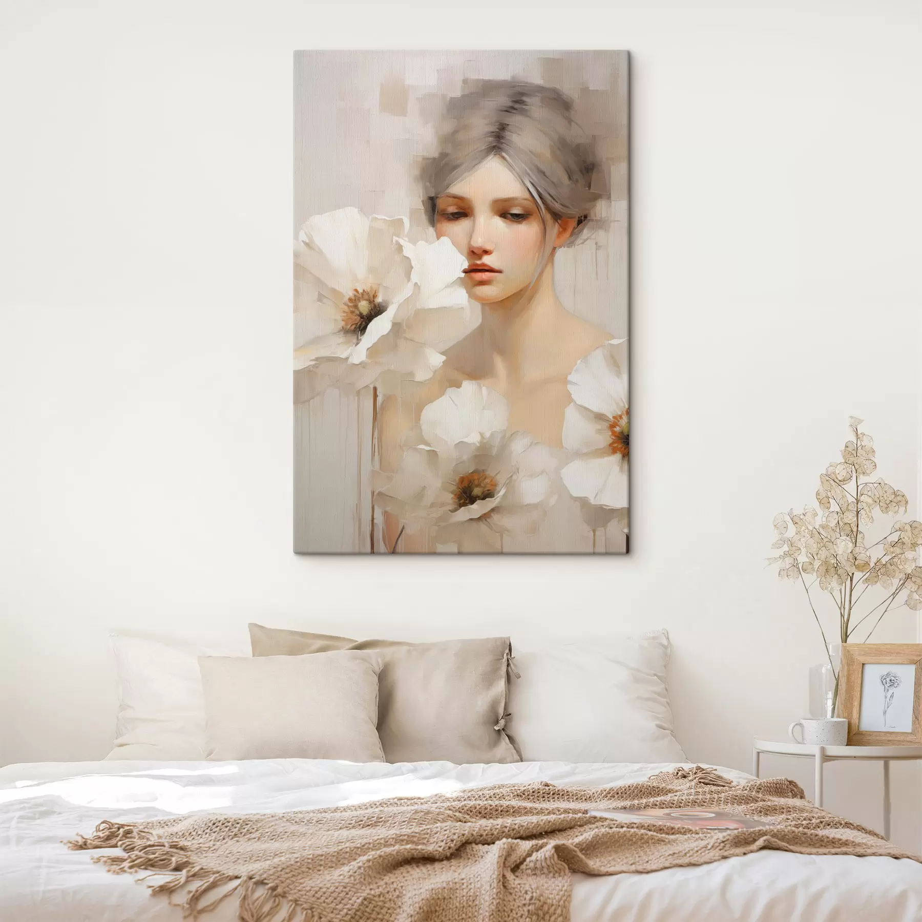  Peintures Portrait d'une femme avec de grandes fleurs blanches, sur un fond abstrait clair s49494