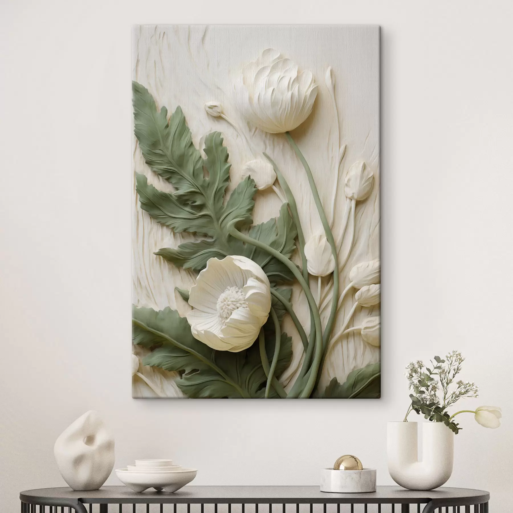  Peintures Des coquelicots blancs et des feuilles vertes sur un fond texturé orné de feuillage s49496