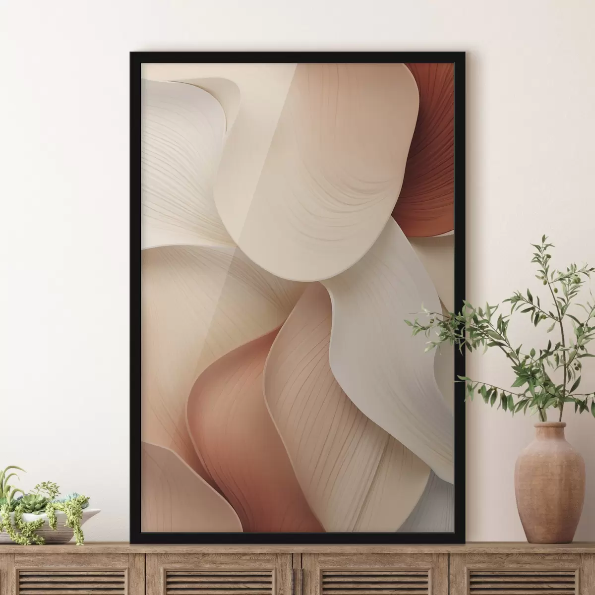 Affiche Des formes abstraites aux lignes douces et fluides, dans des tons crème et beige f49488