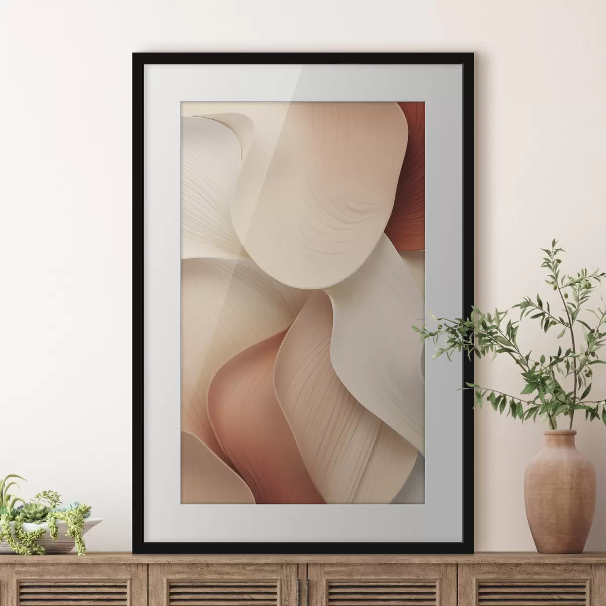 Affiche Des formes abstraites aux lignes douces et fluides, dans des tons crème et beige f49488