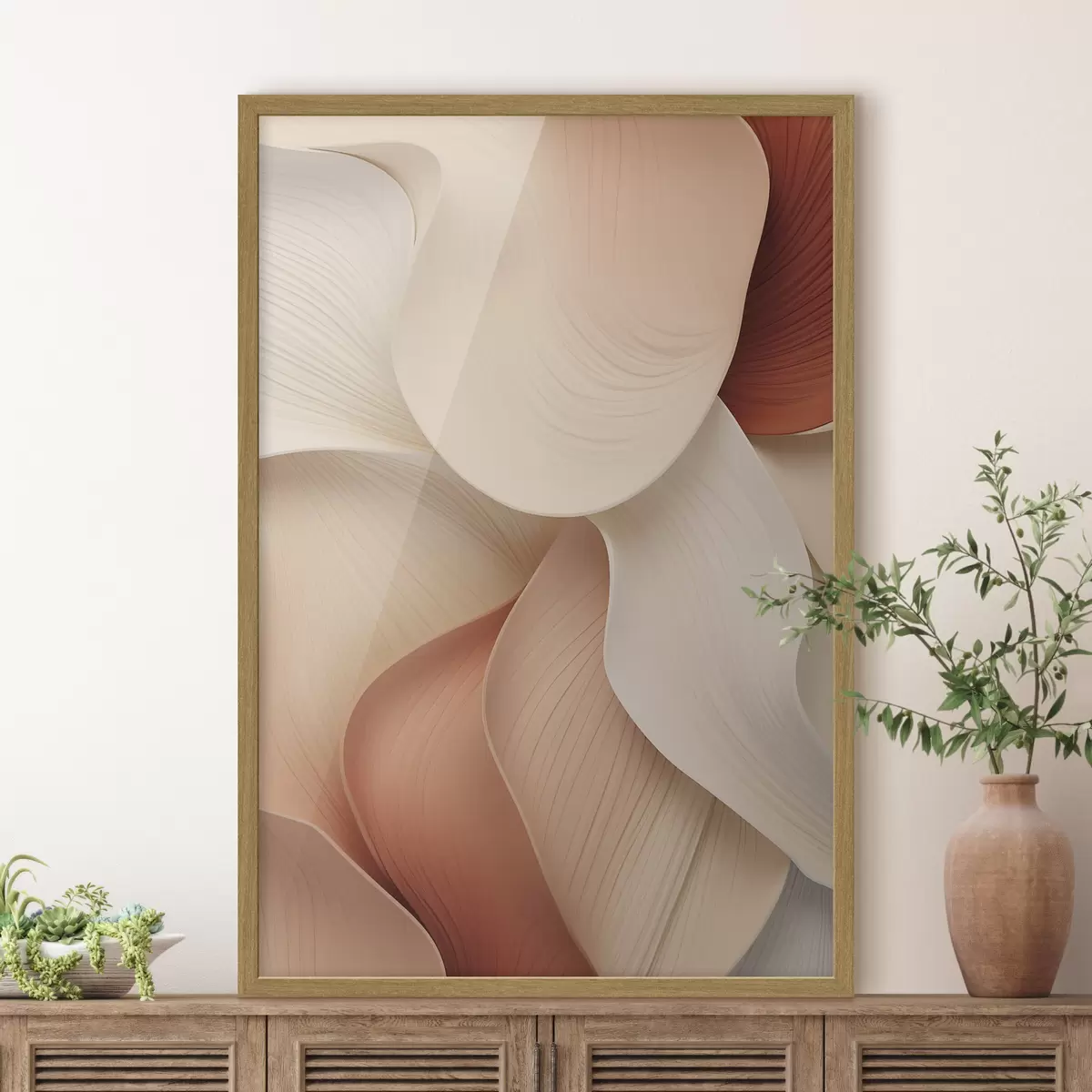 Affiche Des formes abstraites aux lignes douces et fluides, dans des tons crème et beige f49488