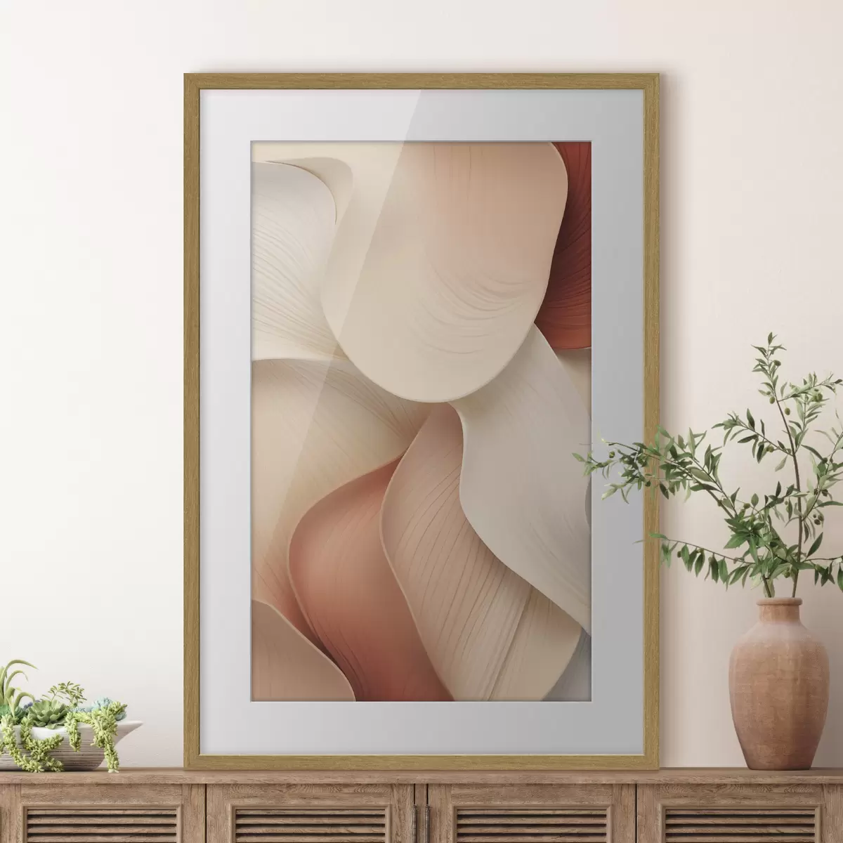 Affiche Des formes abstraites aux lignes douces et fluides, dans des tons crème et beige f49488