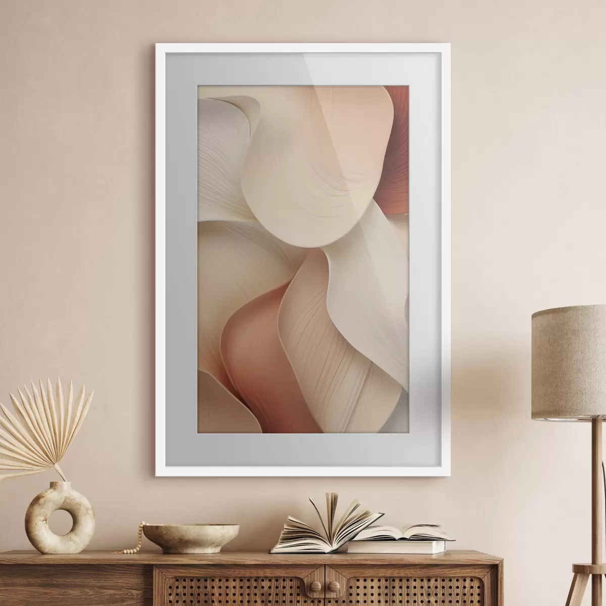Affiche Des formes abstraites aux lignes douces et fluides, dans des tons crème et beige f49488