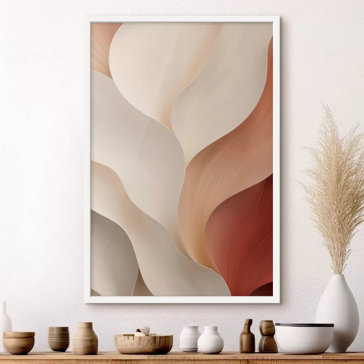 Affiche Des formes abstraites aux lignes douces et fluides, dans des tons crème et beige f49489