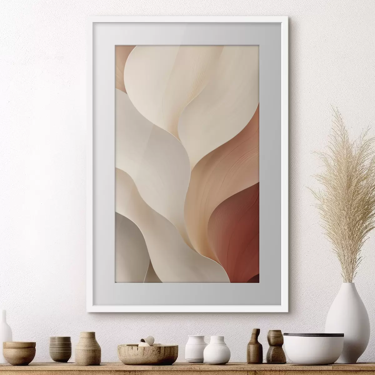 Affiche Des formes abstraites aux lignes douces et fluides, dans des tons crème et beige f49489