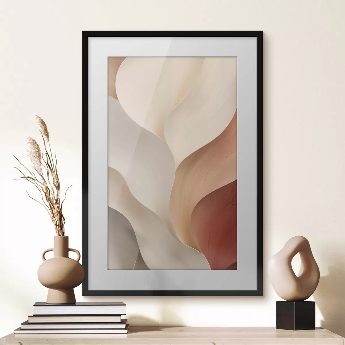 Affiche Des formes abstraites aux lignes douces et fluides, dans des tons crème et beige f49489