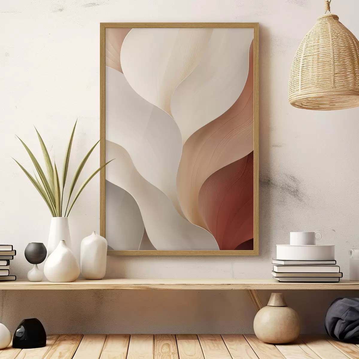 Affiche Des formes abstraites aux lignes douces et fluides, dans des tons crème et beige f49489