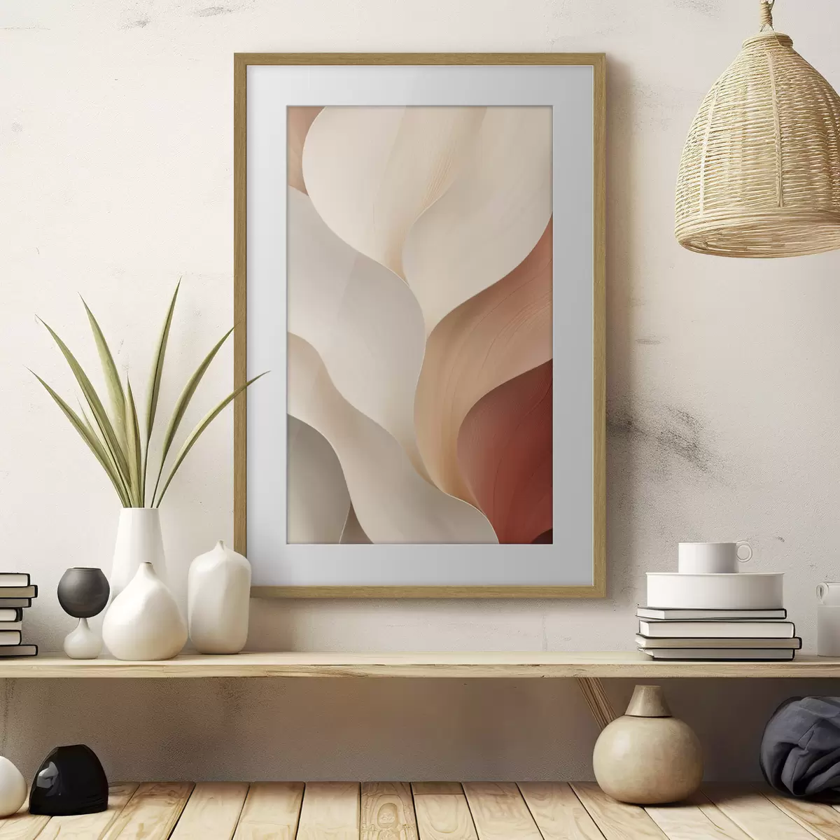 Affiche Des formes abstraites aux lignes douces et fluides, dans des tons crème et beige f49489