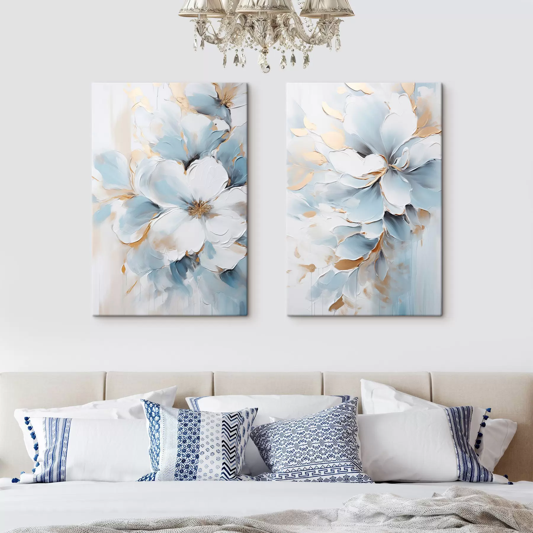  Schilderijen Witte en lichtblauwe bloemen, geschilderd in een stijl met gestructureerde penseelstreken m30567