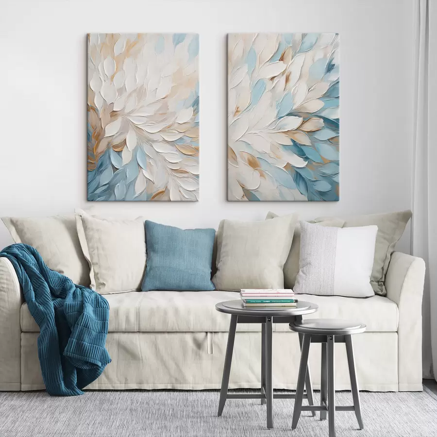  Schilderijen Schilderij met een abstracte structuur en penseelstreken in wit, blauw en beige m30568