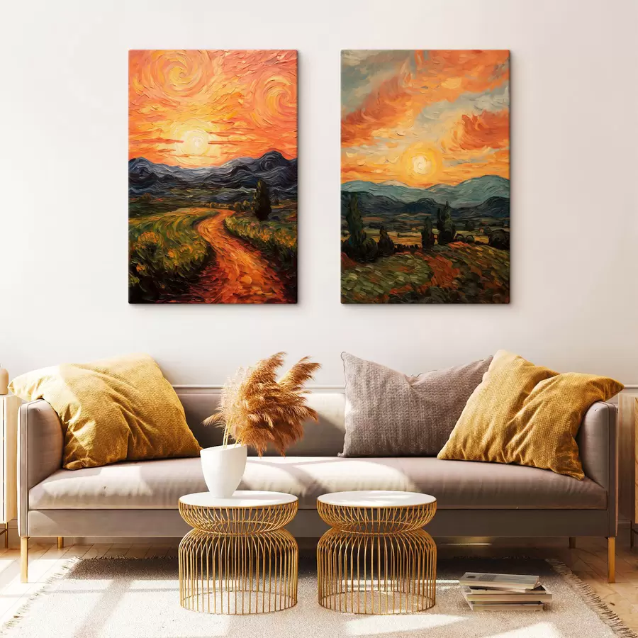  Schilderijen Levendig landschap, oranje en gele lucht met een zon, gestileerde kunst met textuur m30575