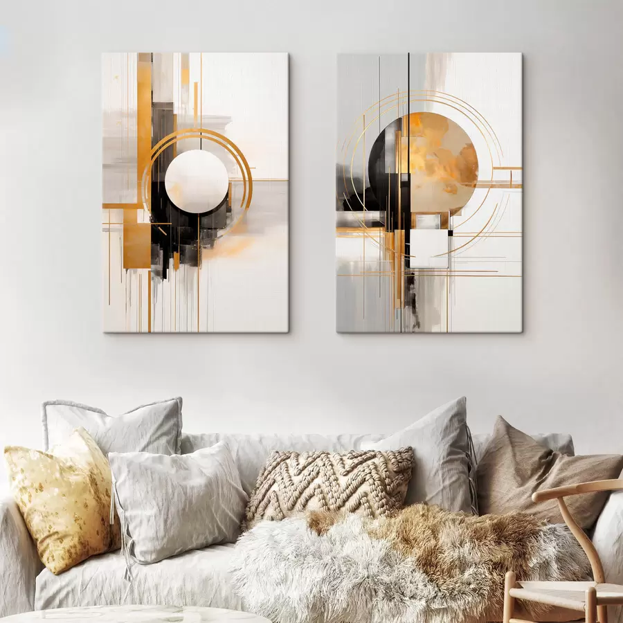  Schilderijen Abstracte geometrische vormen en cirkels met gele accenten, kunst met textuur m30576