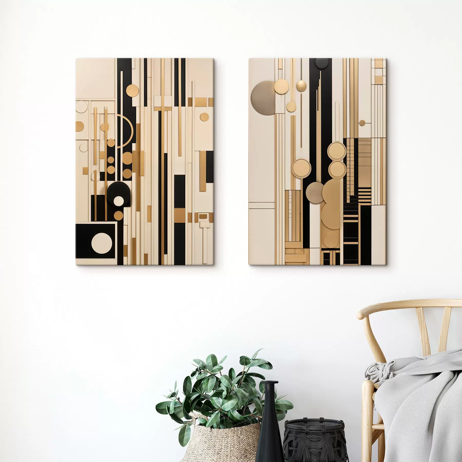  Peintures Une composition géométrique abstraite composée de cercles, de rectangles et de lignes verticales m30577