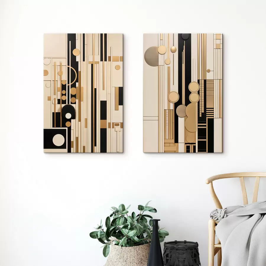  Schilderijen Een abstracte geometrische compositie met cirkels, rechthoeken en verticale lijnen m30577