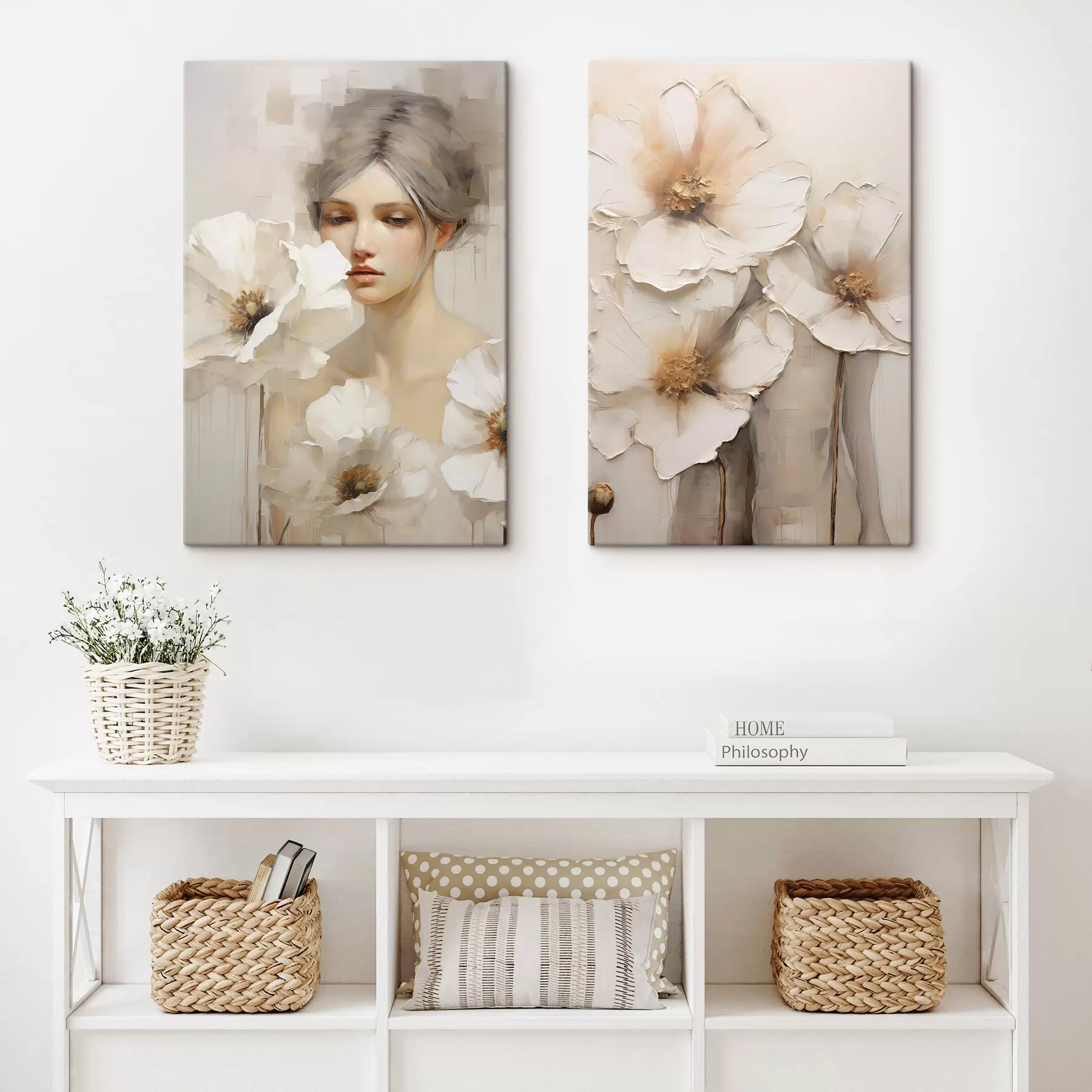  Schilderijen Portret van een vrouw met grote witte bloemen, tegen een lichte, abstracte achtergrond m30583