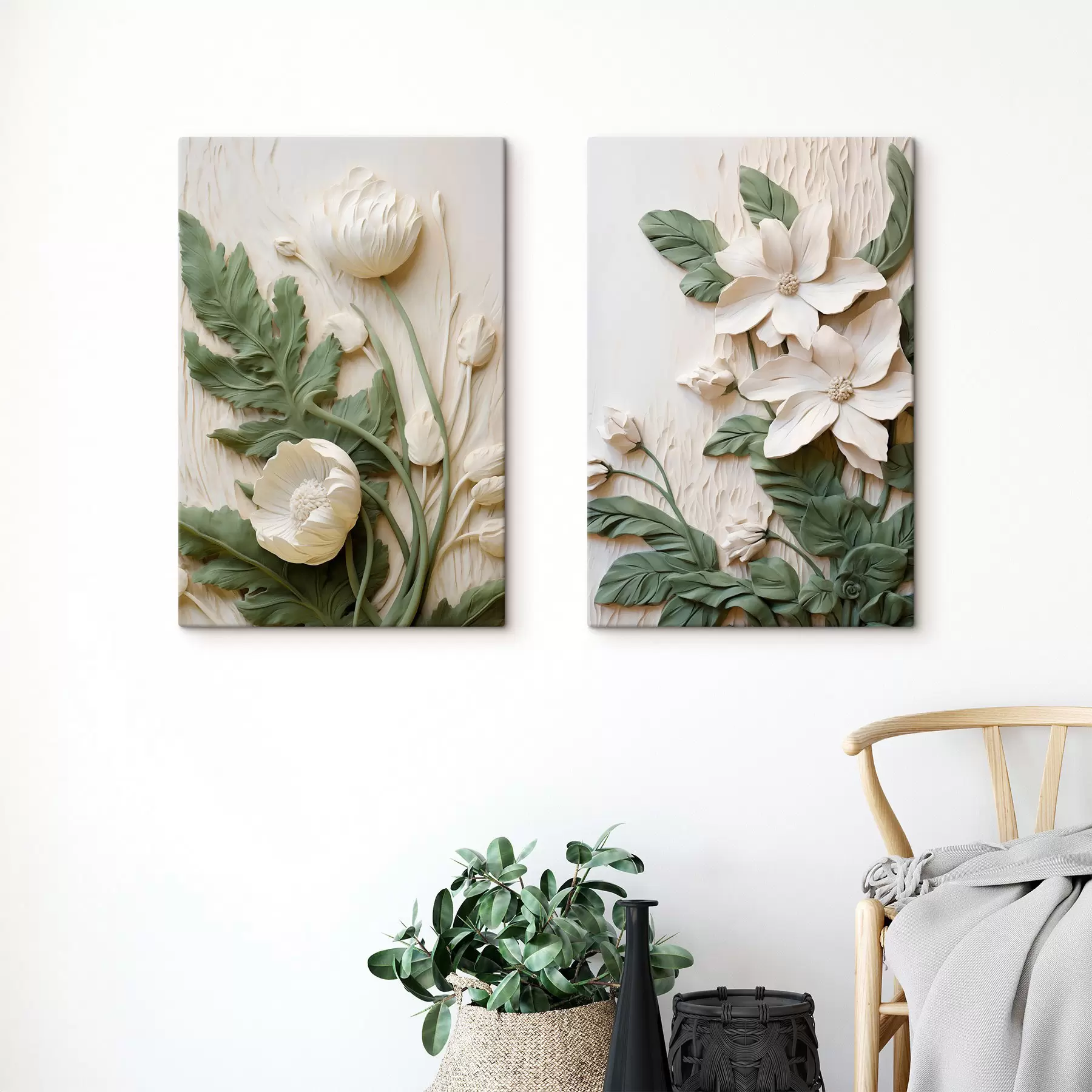  Peintures Des fleurs blanches et des feuilles vertes sur un fond texturé orné de feuillage m30584