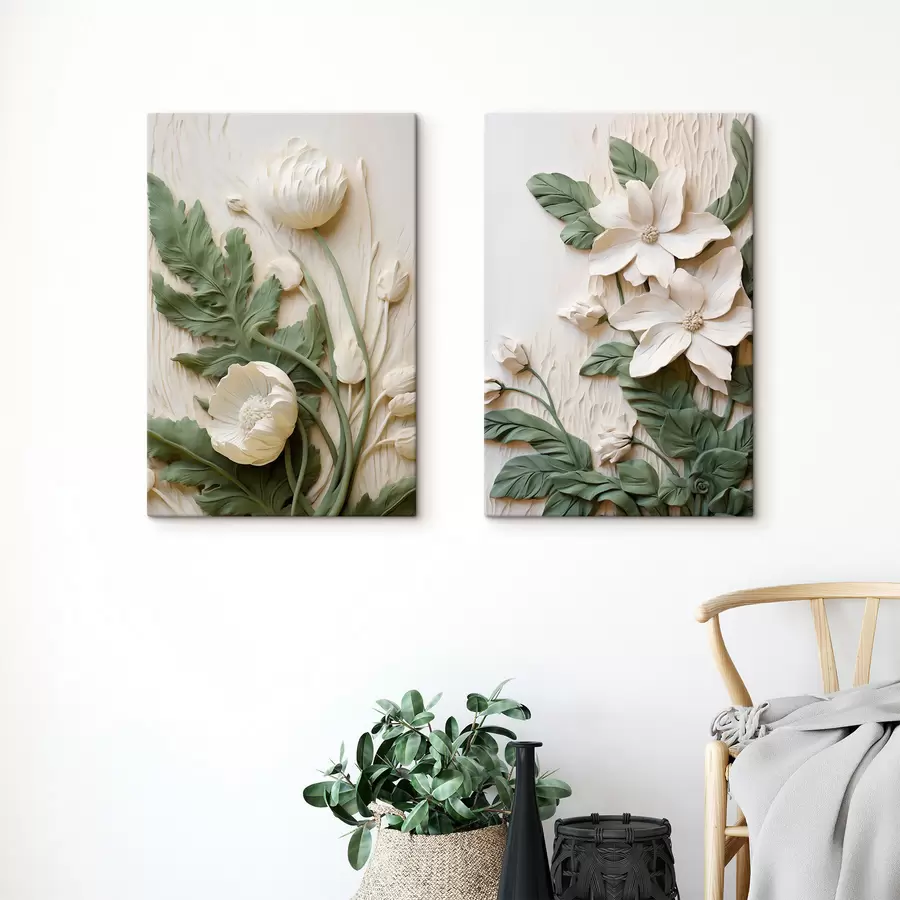  Schilderijen Witte bloemen en groene bladeren op een structuurrijke achtergrond met bladeren m30584