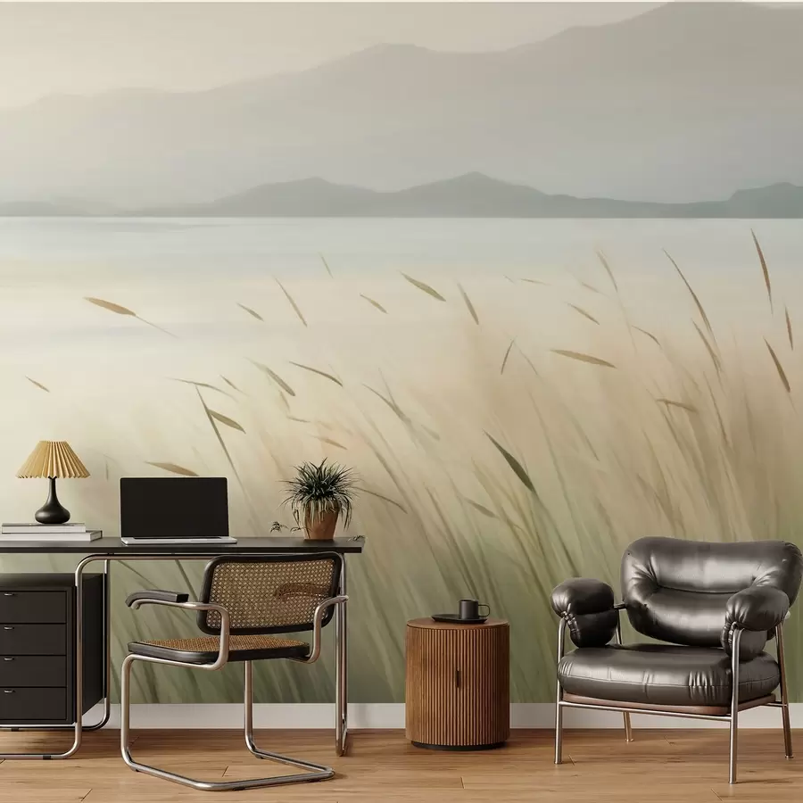 Fotobehang Gras aan het meer met de bergen op de achtergrond w05668