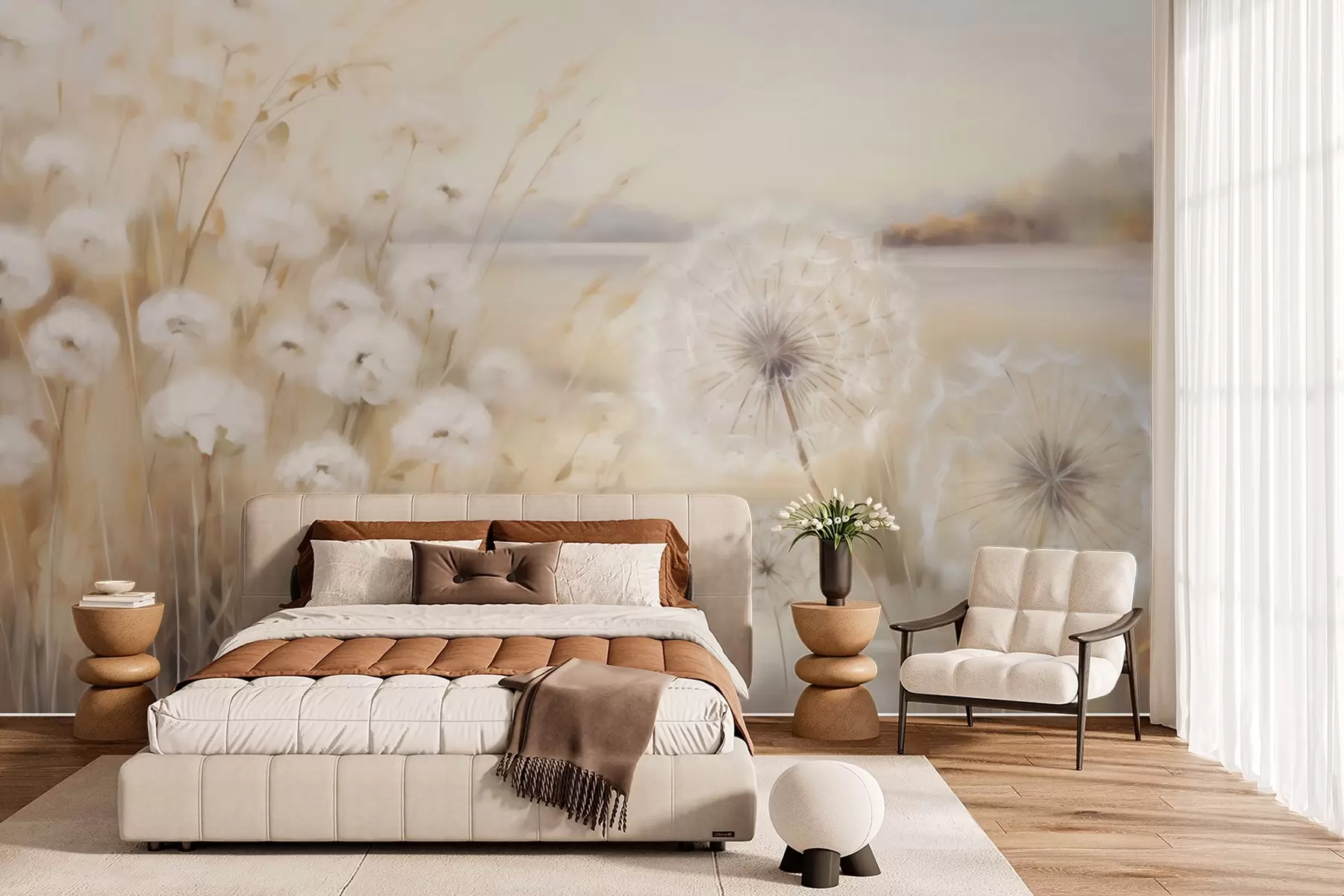 Fotobehang Abstracte schilderij met imitatie van paardenbloemen w05671