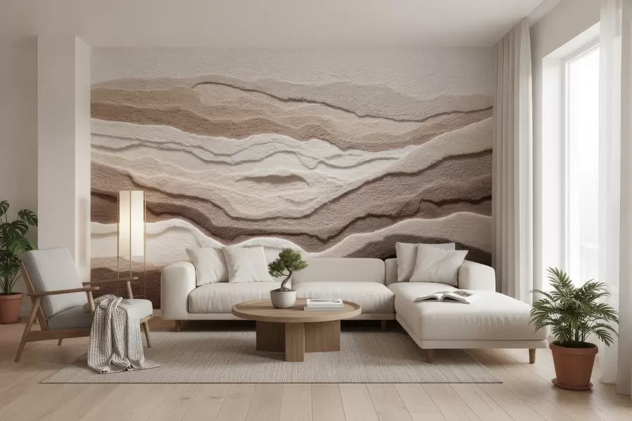 Fotobehang Fotobehang met structuur en gelaagde zandformaties in een warm beige kleurenpalet w09807