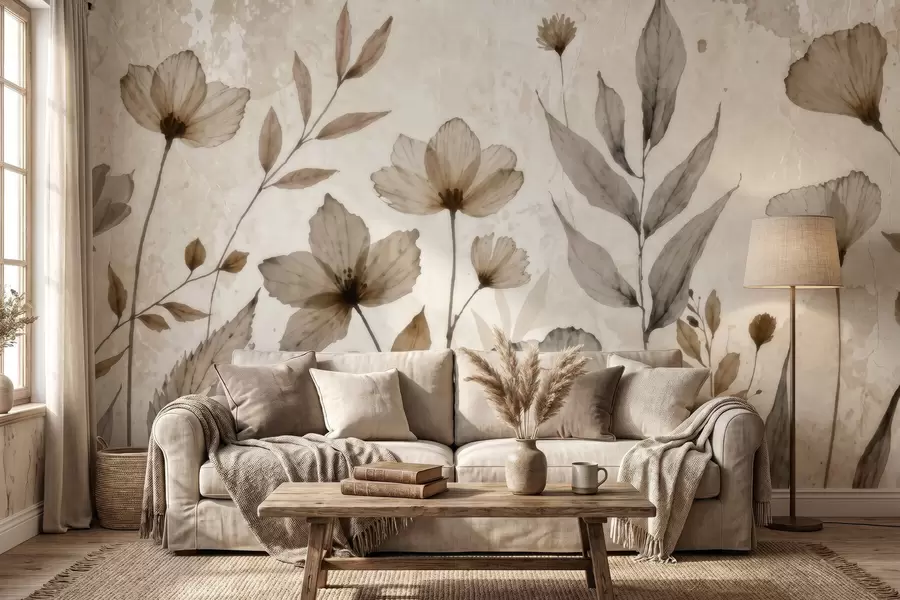 Fotobehang Verfijnde aquarelbloemen in een zacht beige en crèmekleurig palet w09875