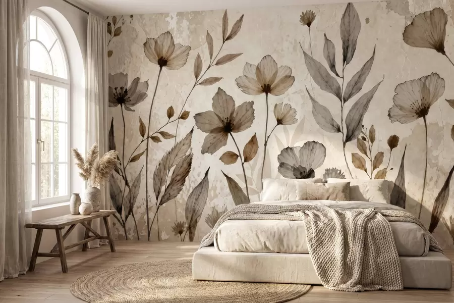 Papier peint photo Des fleurs sauvages délicatement peintes à l'aquarelle dans une palette de tons beiges et crème w09875