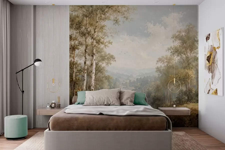 Fotobehang Een helder rivierlandschap met berkenbomen en wolken w05685