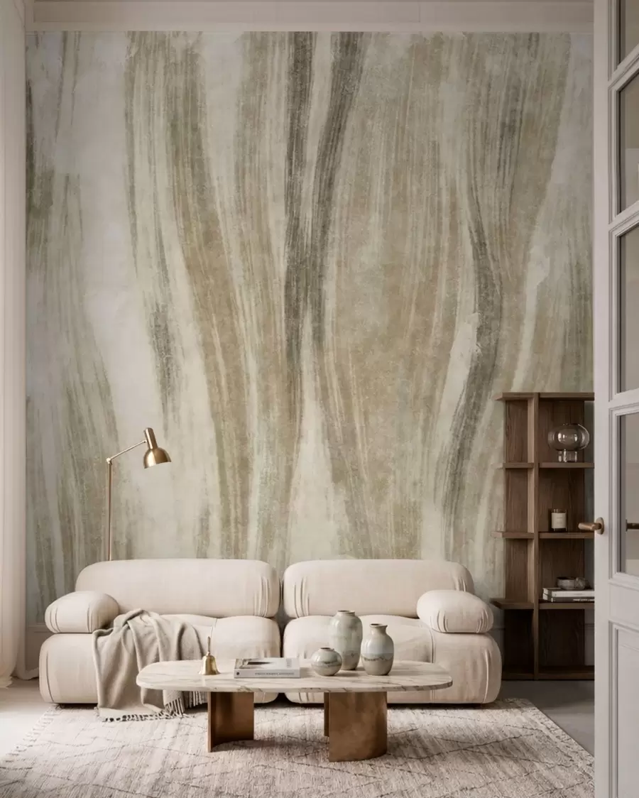 Fotobehang Een abstracte textuur met vloeiende verticale strepen in grijs-beige tinten w05686v1