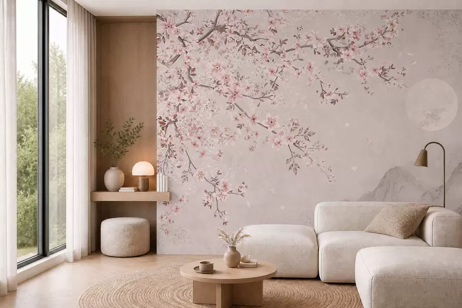 Fotobehang Roze bloesems aan een tak boven een rustig berglandschap w05695v1