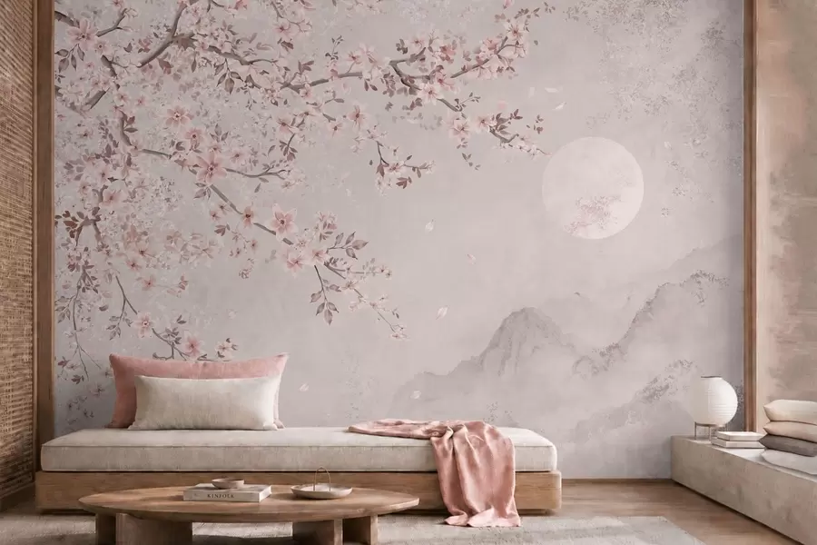 Fotobehang Roze bloesems aan een tak boven een rustig berglandschap w05695v1