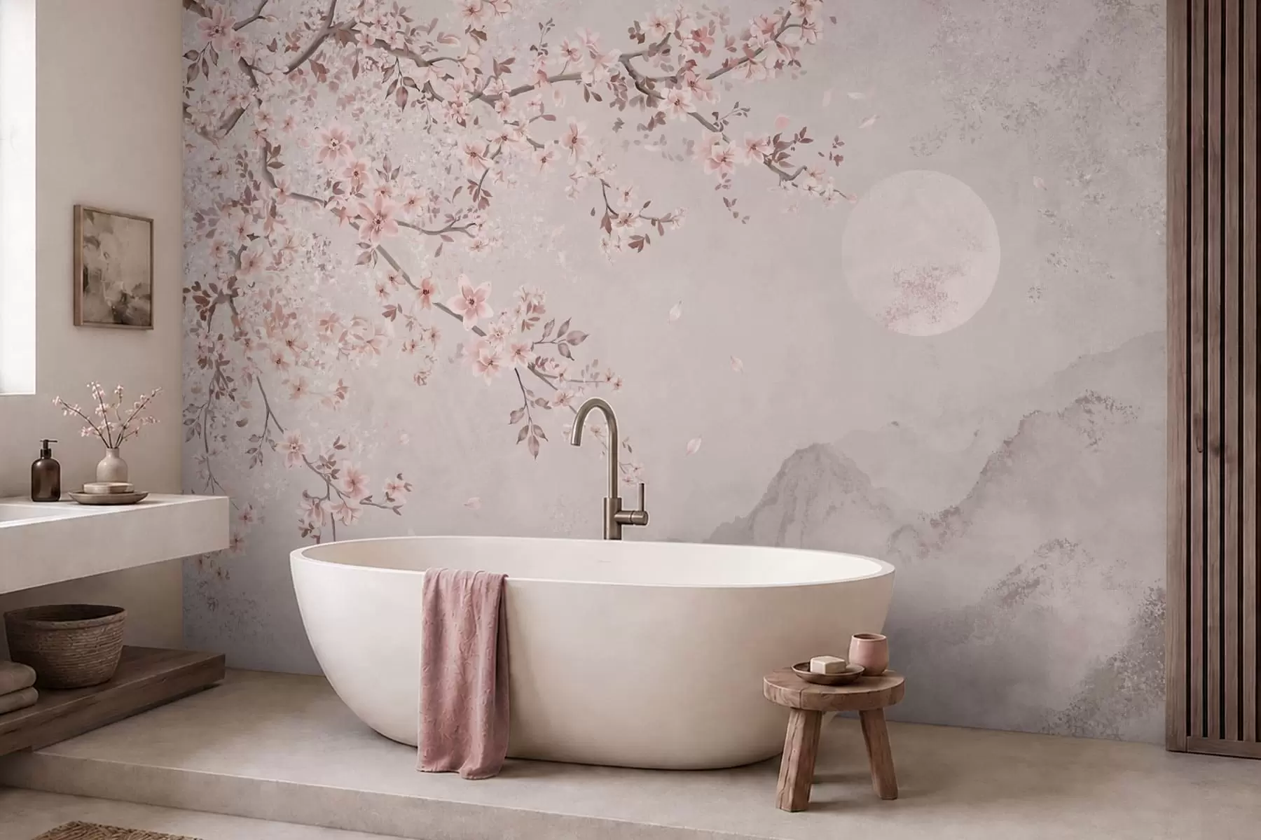 Fotobehang Roze bloesems aan een tak boven een rustig berglandschap w05695v1
