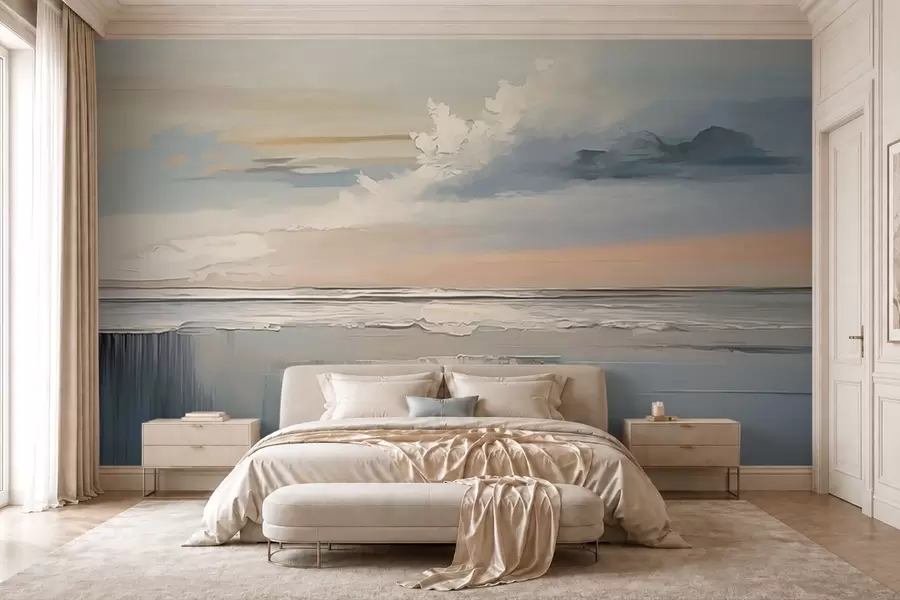 Papier peint photo Côte au pastel avec des nuages et des reflets sur l'eau w05687