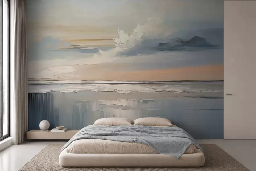Papier peint photo Côte au pastel avec des nuages et des reflets sur l'eau w05687