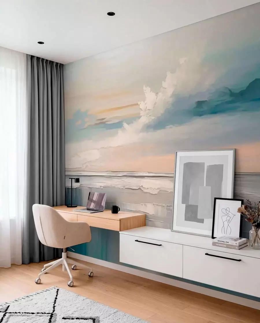 Fotobehang Pastelkleurige kust met wolken en weerspiegeling in het water w05687
