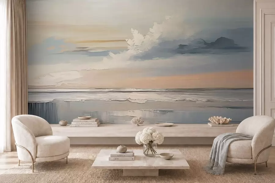 Fotobehang Pastelkleurige kust met wolken en weerspiegeling in het water w05687