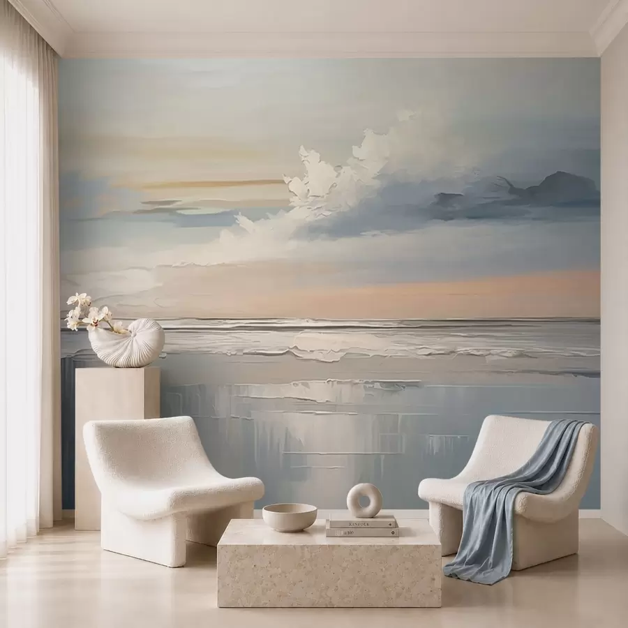 Papier peint photo Côte au pastel avec des nuages et des reflets sur l'eau w05687