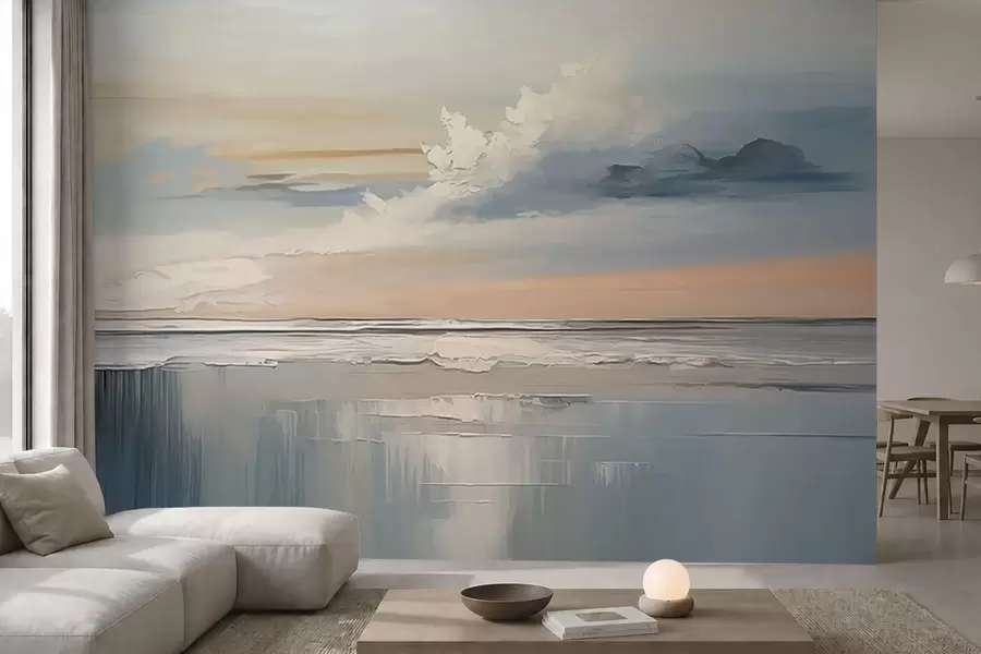 Fotobehang Pastelkleurige kust met wolken en weerspiegeling in het water w05687