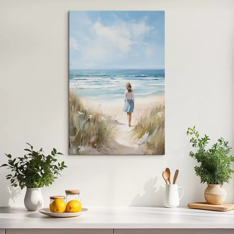  Peintures Une jeune fille marchant vers la mer, imitation d'un tableau s49500