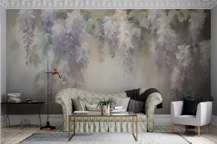 Fotobehang Lichtpaarse blauweregenbloemen met textuur die naar beneden hangen, met groene bladeren, tegen een pastelkleurige achtergrond w09896