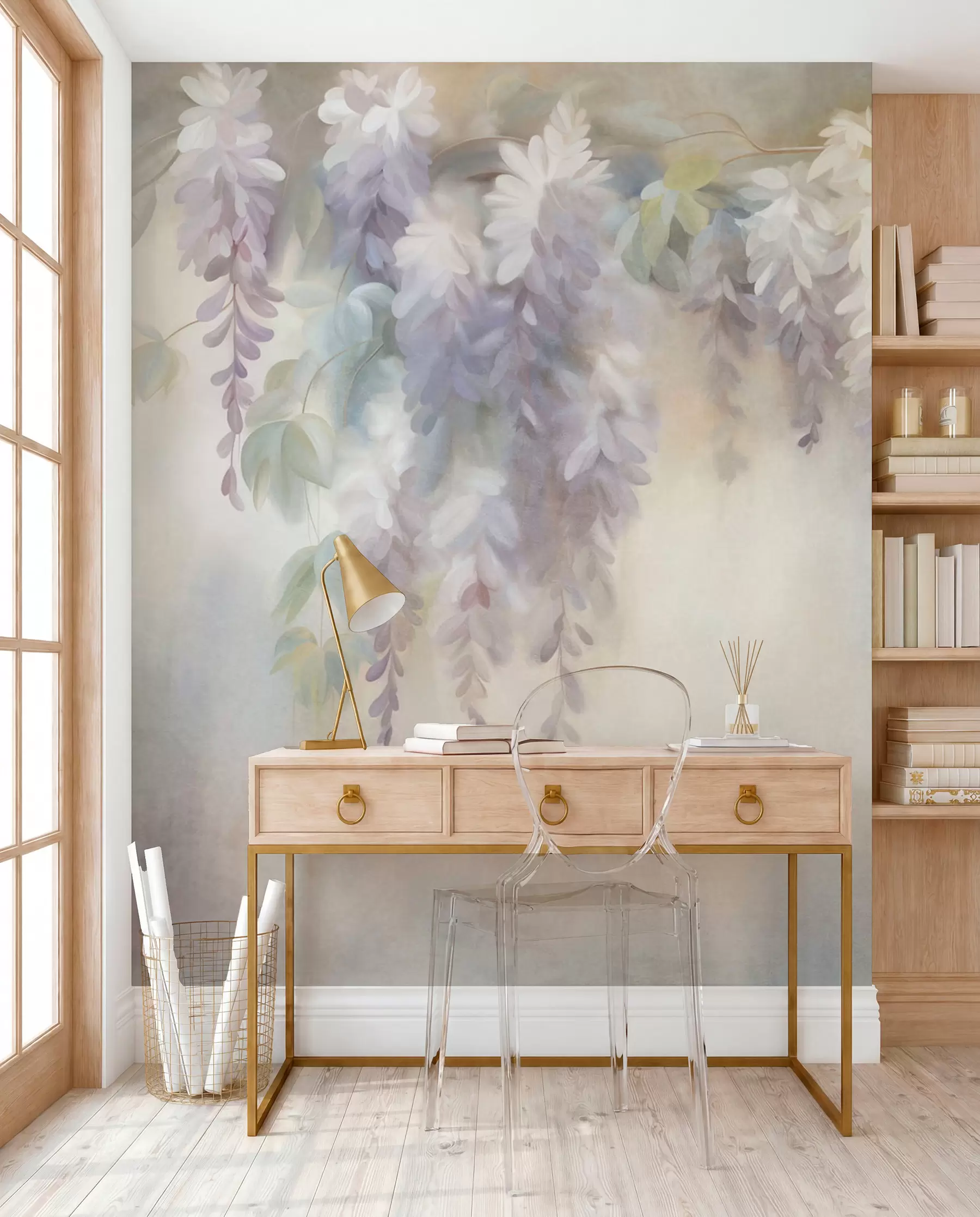 Fotobehang Lichtpaarse blauweregenbloemen met textuur die naar beneden hangen, met groene bladeren, tegen een pastelkleurige achtergrond w09896