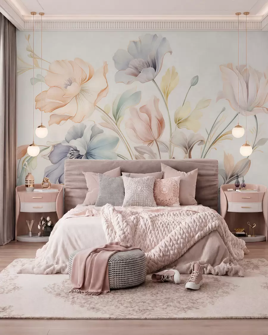 Fotobehang Fijne bloemen in pasteltinten van roze, blauw en geel met groene blaadjes, lichte achtergrond w09898
