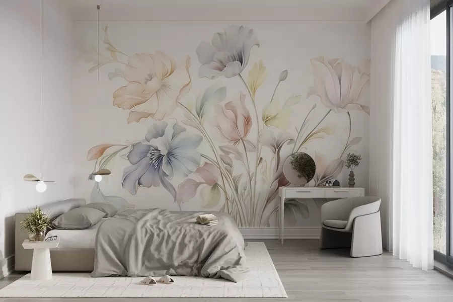Fotobehang Fijne bloemen in pasteltinten van roze, blauw en geel met groene blaadjes, lichte achtergrond w09898
