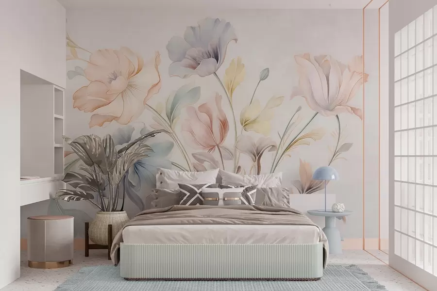 Fotobehang Fijne bloemen in pasteltinten van roze, blauw en geel met groene blaadjes, lichte achtergrond w09898