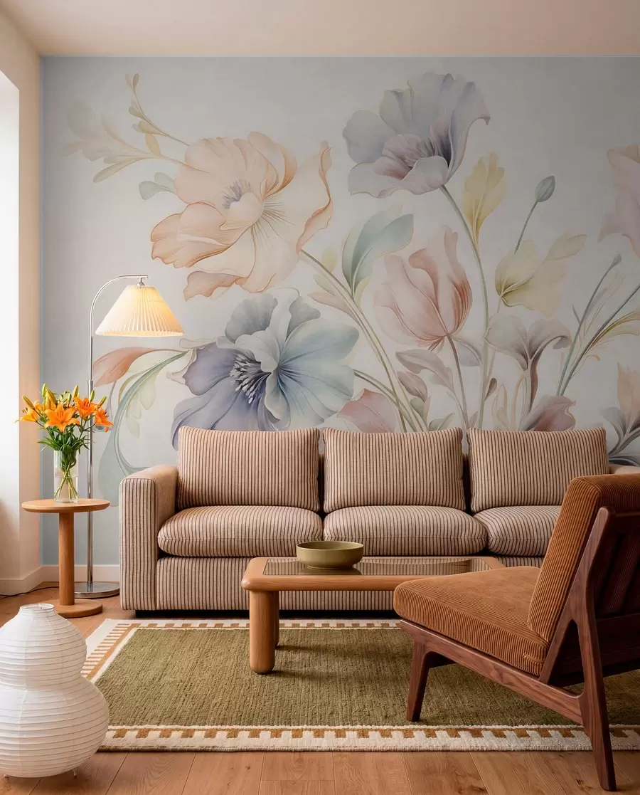 Fotobehang Fijne bloemen in pasteltinten van roze, blauw en geel met groene blaadjes, lichte achtergrond w09898
