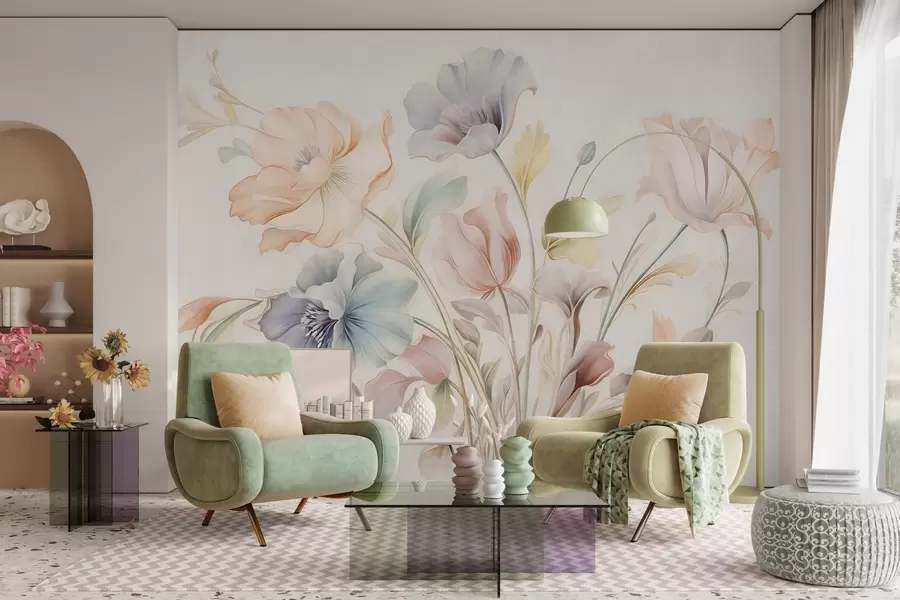 Fotobehang Fijne bloemen in pasteltinten van roze, blauw en geel met groene blaadjes, lichte achtergrond w09898