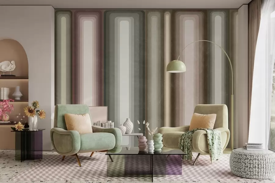 Fotobehang Getextureerde, abstracte, verticale, afgeronde rechthoeken in gedempte tinten bruin, beige en lichtroze w09905