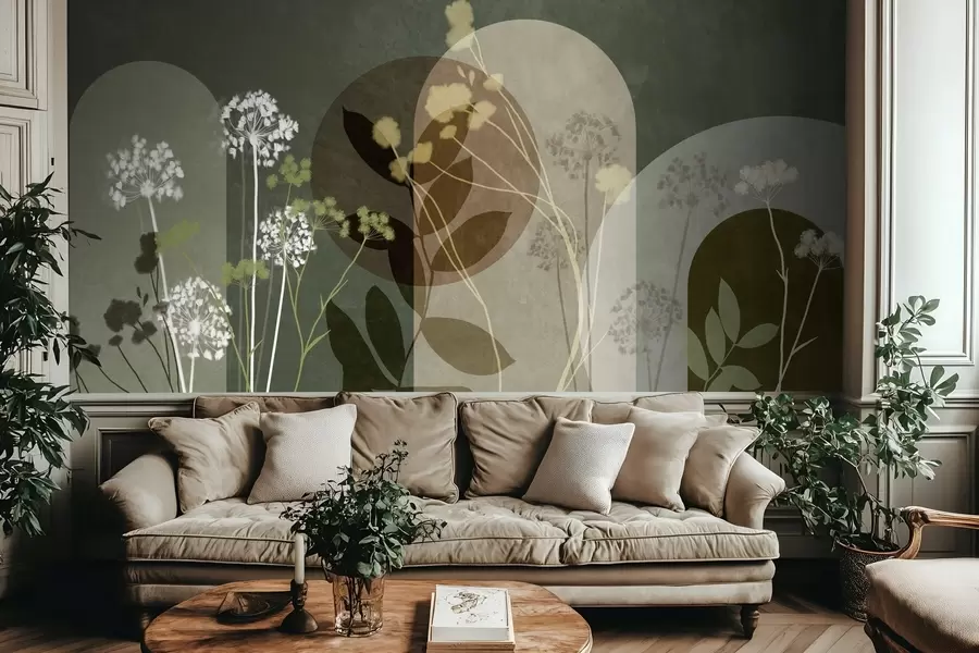 Fotobehang Een botanische en minimalistische compositie van gedroogde bloemen en bladeren met abstracte geometrische vormen w09906v2